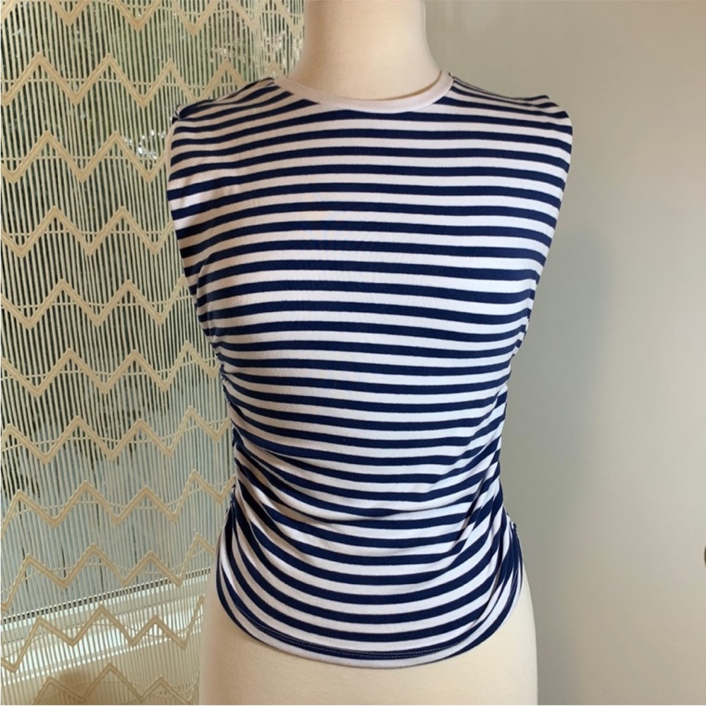 💙 Zara Ruched Side Shell Top - Blue & White Stripe - Sleeveless - Sold Out 💙
